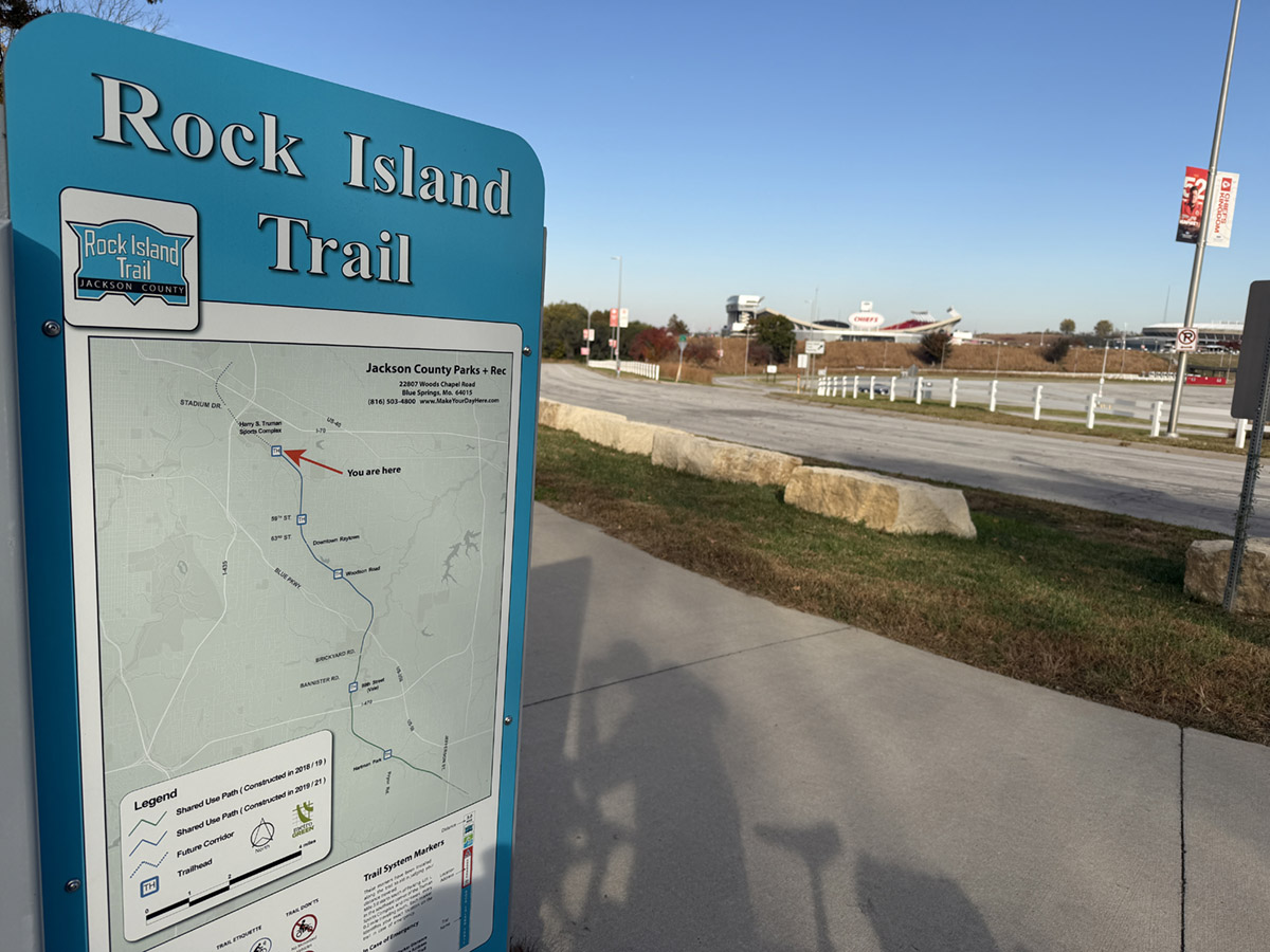 Rock Island trail start Rock Island Trail start at the Kansas City Chiefs parking lot